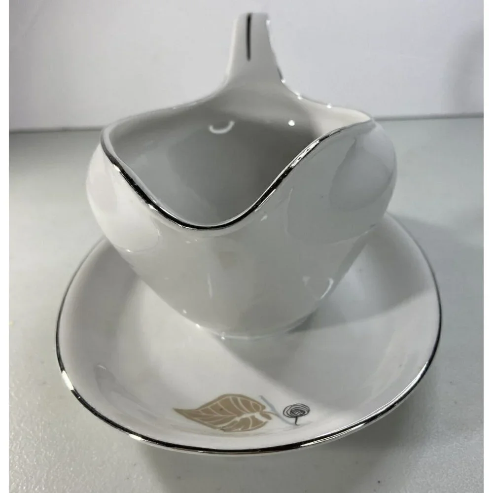 Bavaria Germany‎ Fine China Mid-Century Blue Brown Leaf Gravy Boat Silver Edging